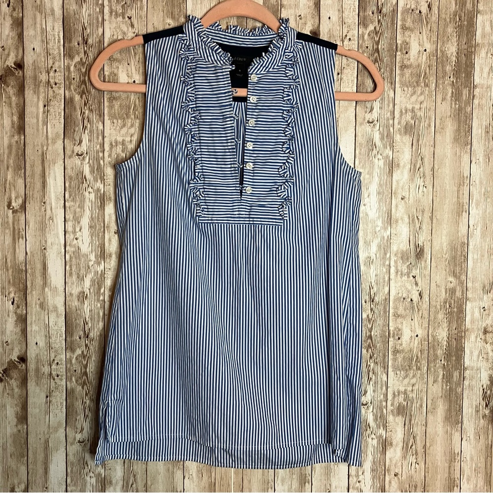 J. Crew Striped Blouse Size 0 Blue, Navy, and White with Button Front and Ruffle